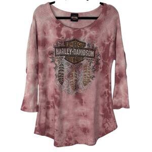 Harley Davidson Thermal Shirt Waffle Knit Long Sleeve Bling Tie Dye Pink Size XL